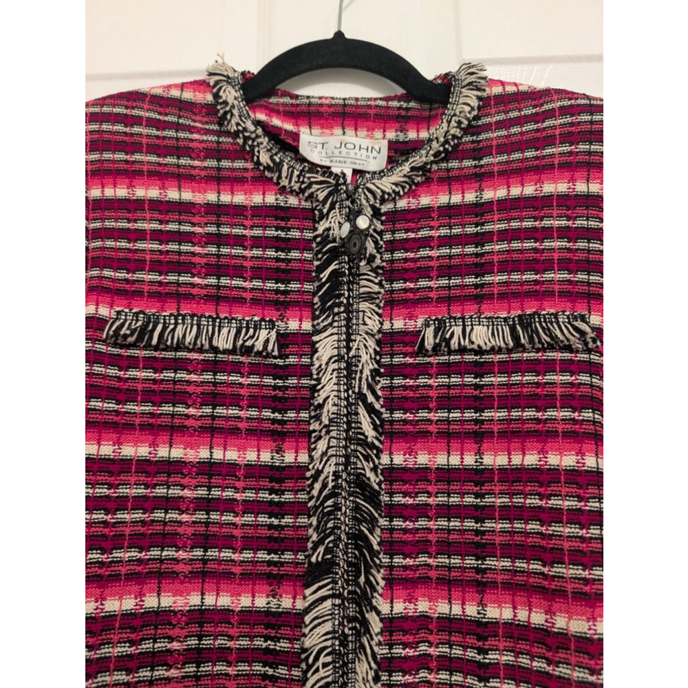 St. John Collection Knit Tweed Jacket Old Money Fringed Trim Chic Cardigan Sz 4 - Picture 3 of 9